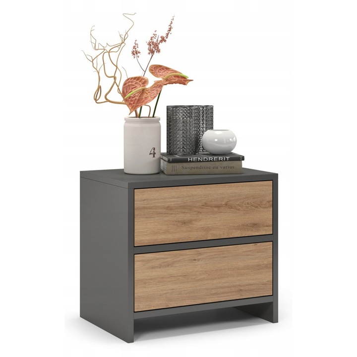 Noptiera Grafit Stejar, 50x45x35 cm, Doua Sertare, Sistem Tip On, Design Modern si Clasic