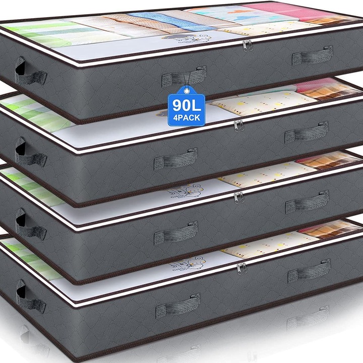 Set de 4 cutii depozitare imbracaminte, Golxmse, Pliabile, pentru depozitarea si organizarea hainelor, pilotelor, cearsafurilor, 100x50x18cm, gri