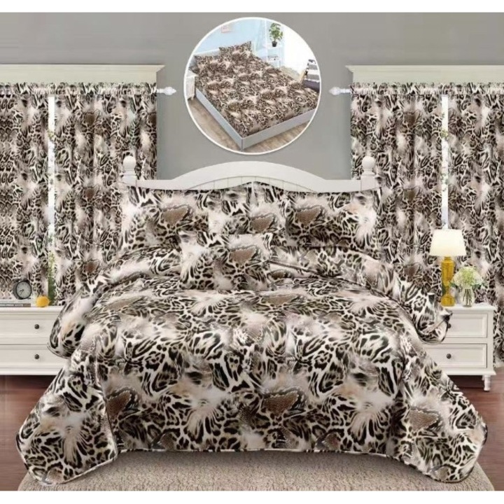 Lenjerie si Draperii, 8 Piese, Cearsaf cu Elastic, 2 persoane, Finet Elegant, Imprimeu Animal Print, Multicolor