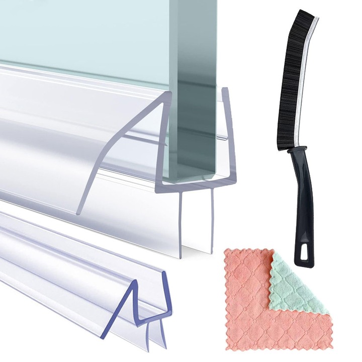 Комплект от 2 уплътнителни ленти за душ кабина, Golxmse, 6-8 мм, PVC, 2 x 1 м, прозрачни, с четка за почистване и кърпа за почистване