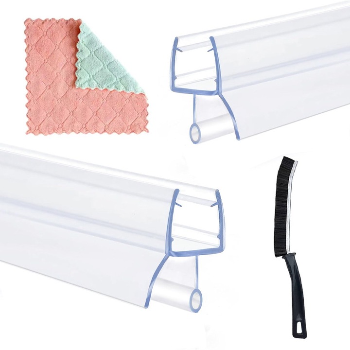 Set 2 benzi de etansare pentru usi de dus, Golxmse, 10mm, transparent, PVC, cu perie de curatare, Carpa curatare, 2 x 1m
