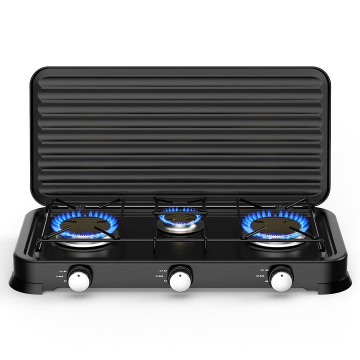 Arzator camping, Golxmse, 3 ochiuri, gaz LPG, supapa de siguranta, 58x28x5.4cm, negru