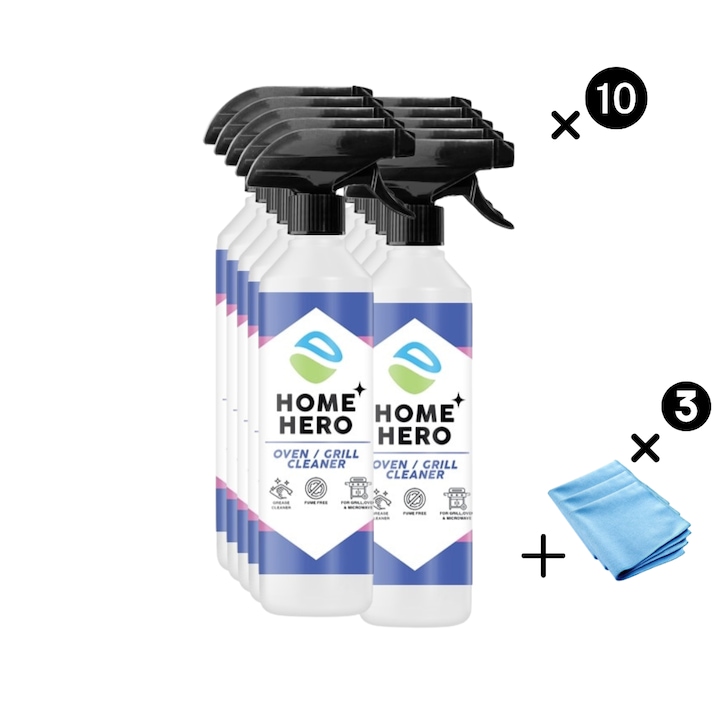 Set 10 x Solutii de Curatare Cuptor si Gratar + 3 Lavete Microfibra tip Fagure, Pachet HoReCa, Formula Puternica, Oven & Grill Cleaner, Home Hero, 500ml