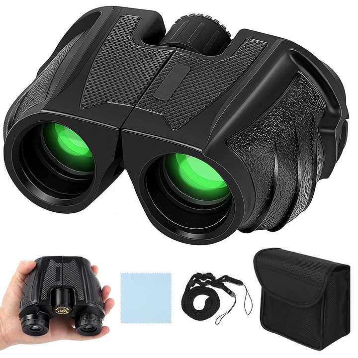 Бинокъл 12x25, Golxmse, висококачествена BAK4 призма леща, водоустойчив, 101m-1000m, подходящ за възрастни и деца, висока мощност на фокусиране, подходящ за наблюдение на птици, лов, пътувания, туризъм, черен, пълен комплект