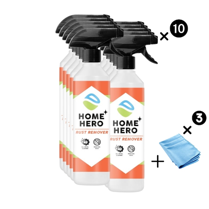 Set 10 x Solutii Rust Remover + 3 Lavete Microfibra tip Fagure, HomeHero®, Solutie Eficienta pentru Indepartarea Ruginii, Curatare Rapida si Protectie Impotriva Coroziunii