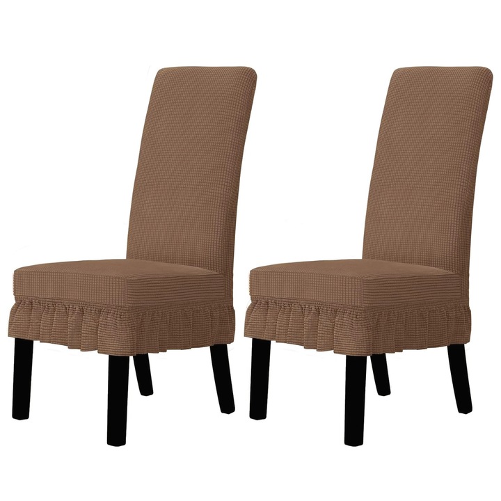 Set 2 Huse Scaun, Zggzerg, Husa pentru scaun jacquard, Huse pentru scaune elastice, Rezistent la ulei, Centura elastica, Cu volanase, Moale si usor de curatat, Pentru decorarea bucatariei, sufragerie, hoteluri, Poliester, Maro
