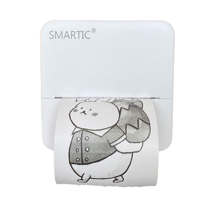 Мини портативен термопринтер, SMARTIC, модел SRKDC-19BA, Bluetooth, приложение за телефон, съвместим с IOS/Android, термичен, акумулаторна батерия 800 mAh, бял
