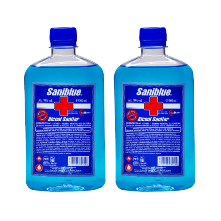 Set 2x Alcool Sanitar Saniblue, Efect Anti-Bacterian, Concentratie 70% alc, 500ml