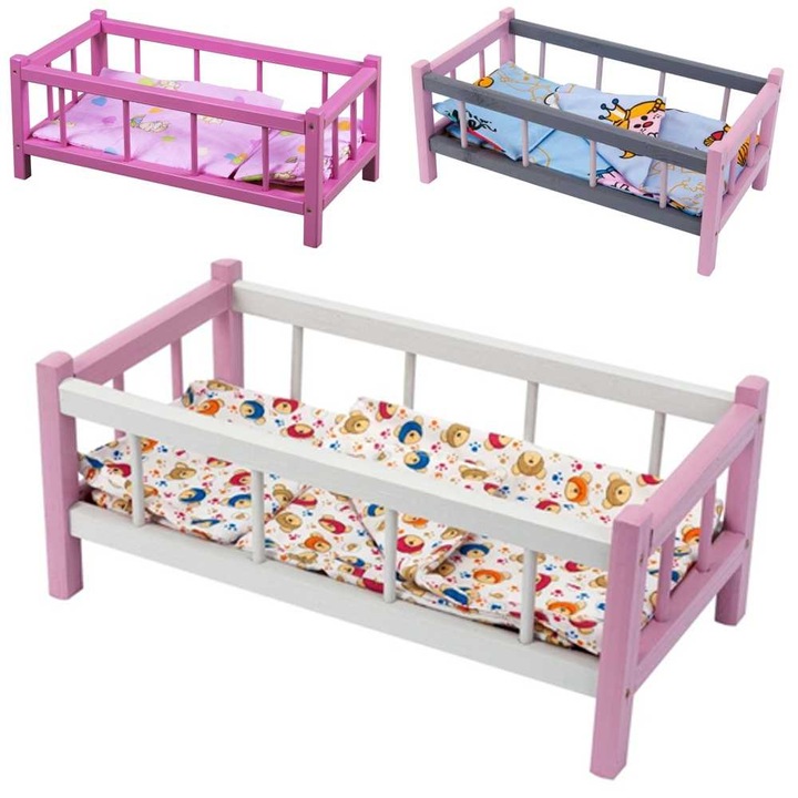 Ágy babáknak, élénk színű fa , hossza 44 cm, Robentoys