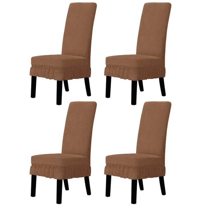 Set 4 Huse Scaun, Zggzerg, Husa pentru scaun jacquard, Huse pentru scaune elastice, Rezistent la ulei, Centura elastica, Cu volanase, Moale si usor de curatat, Pentru decorarea bucatariei, sufragerie, hoteluri, Poliester, Maro