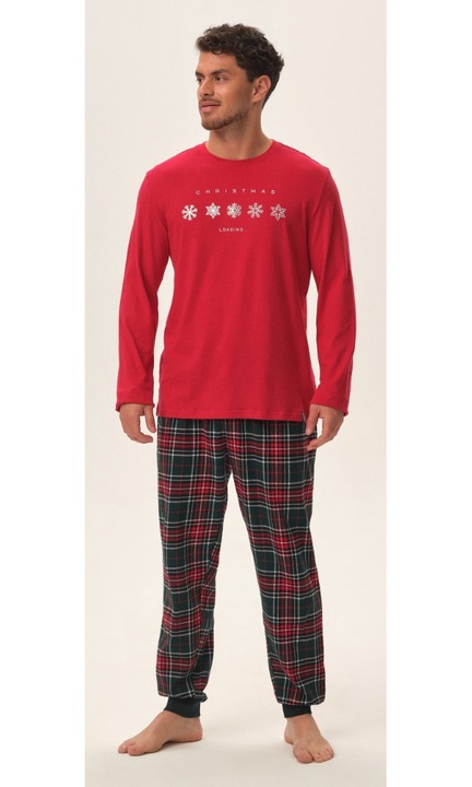 Pijama barbati Henderson Honest, rosu, bumbac, imprimeu Craciun, bluza cu maneca lunga si pantaloni lungi