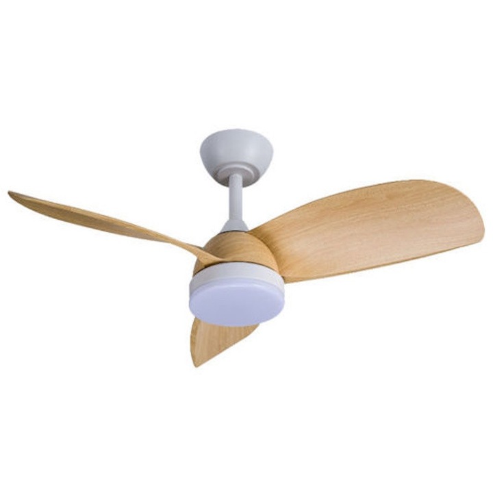 Ventilator de tavan Primo 91 cm PRCF-80661, Silentios cu Lumini LED si Telecomanda, Motor DC, ABS, Reversibil, pentru Dormitor, Lemn & Alb