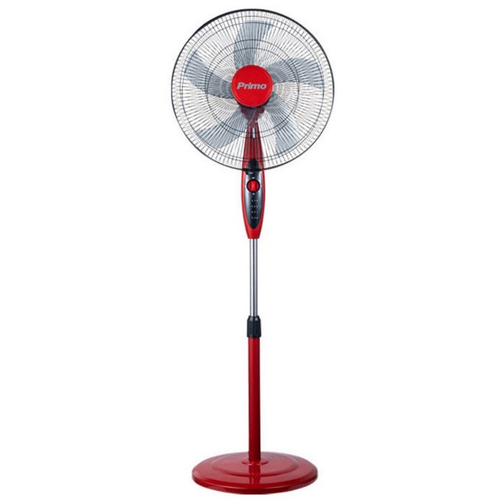 Ventilator cu picior Primo PRSF-80643, 45 cm, 3 viteze, Inaltime reglabila (max 145 cm), Cronometru, Oscilatie, Rosu Negru