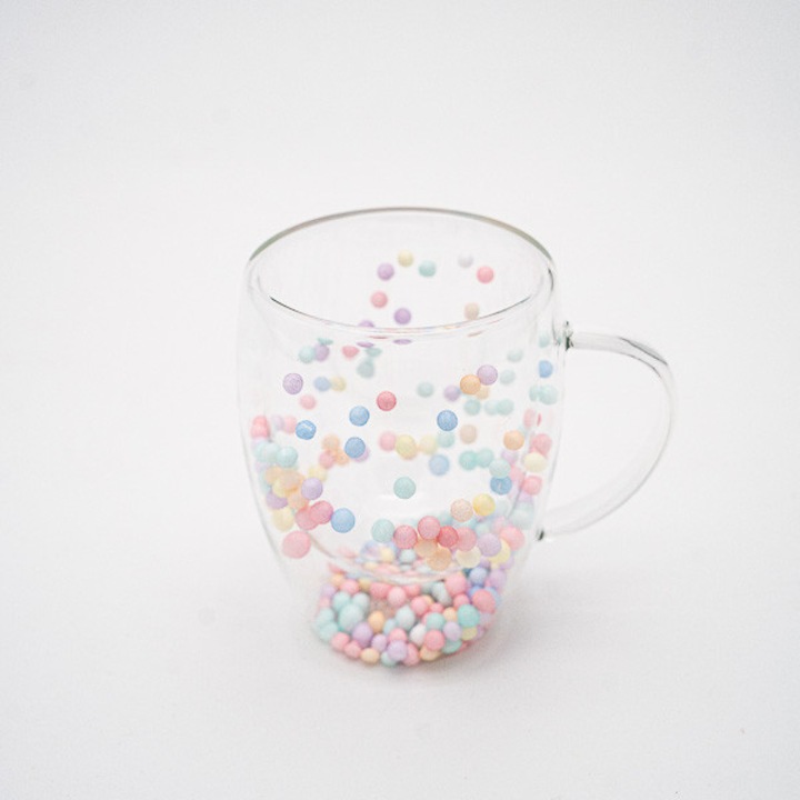 Стъклена чаша за кафе и чай, Двустенна, Moon House, с разноцветни топчета 350 мл