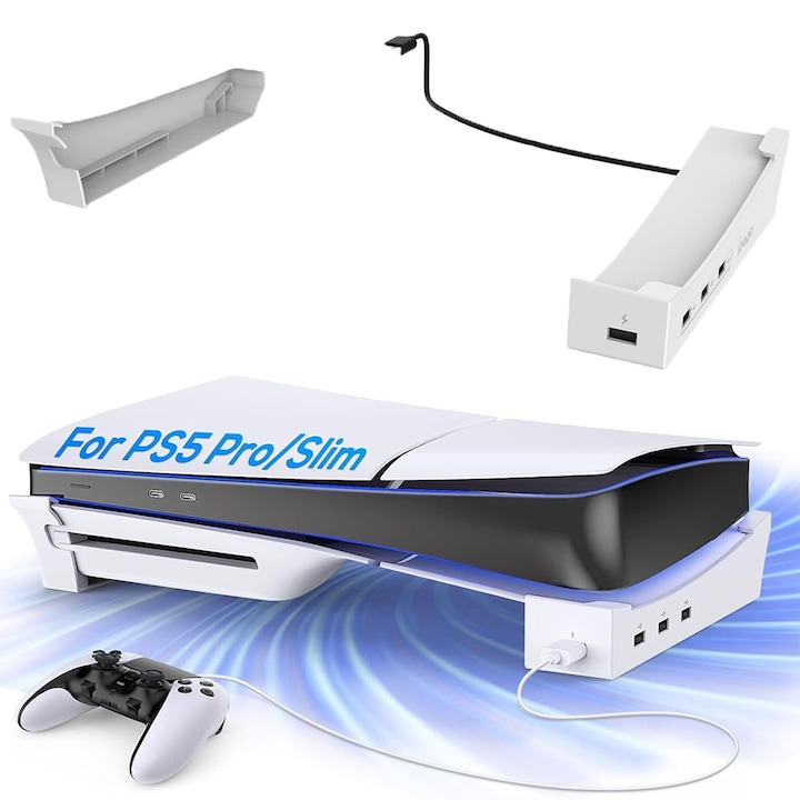 Vízszintes állvány PS5 Slim/PS5 Pro konzolhoz 4 USB porttal, talp PlayStation 5 Slim/Pro konzolhoz, csúszásgátló kialakítás, USB 2.0 adatátvitelhez és töltéshez, nem kompatibilis a PS5 Standard konzollal, fehér