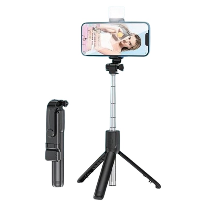 Multifunkciós szelfibot fénnyel, kihúzható, Bluetooth távirányítóval, 70 cm, fekete