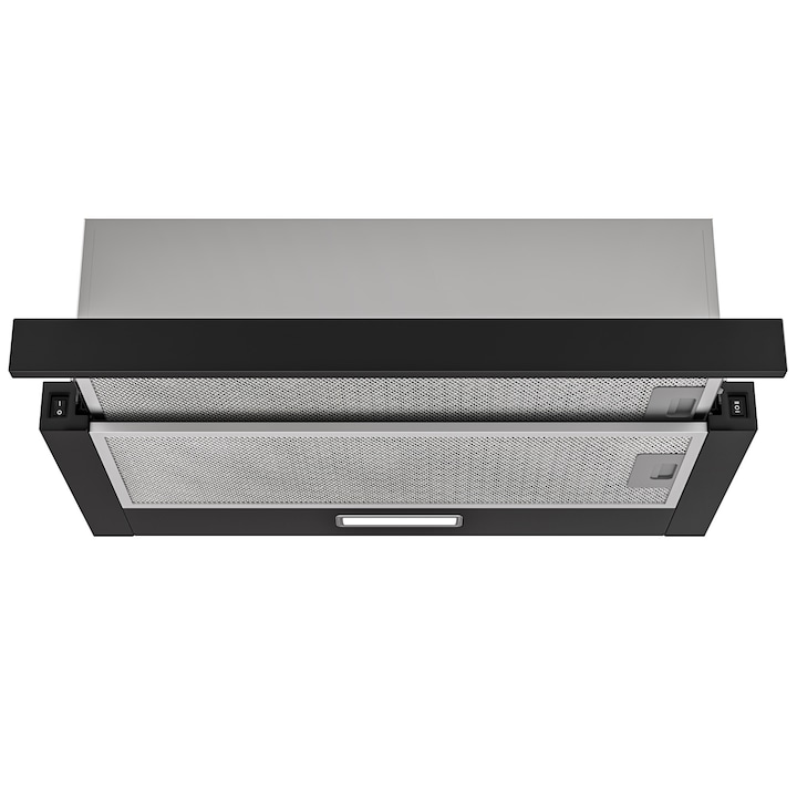 Телескопичен вграден абсорбатор FIREGAS EBH04S60AC, 60 см, 350 м³/ч, рециркулация и изпускане на въздух, 2 въглеродни филтъра, 2 степени на мощност, LED осветление, включен монтажен комплект, черен