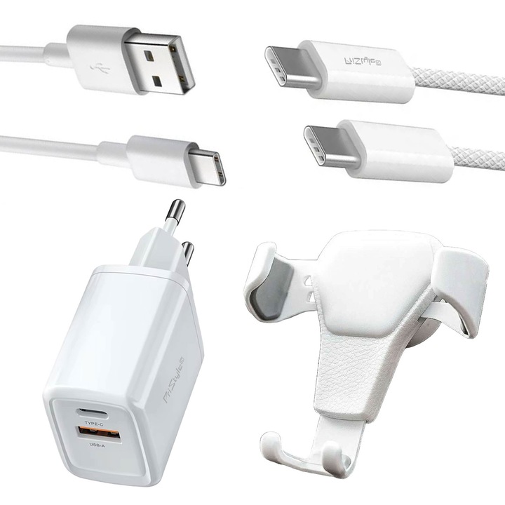 Комплект зарядно за бързо зареждане 30W, USB-C към USB-C и USB C към USB A кабел и поставка за телефон в кола, универсален, съвместим с всеки телефон с USBC щепсел, Samsung, Huawei, Oppo, Nokia, OnePlus, Apple iPhone 15, 16, бял, PriStyle®