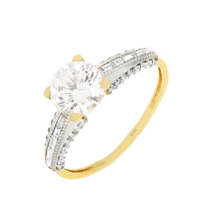Inel dama, aur galben si alb, model cu piatra zirconia centrala, aur 14k