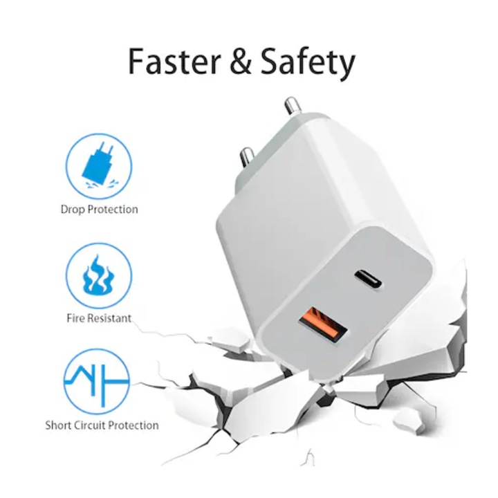 18 W-os PD hálózati adapter 2 USB-C és USB-A kimenettel, Quick Charge 3.0 Dual Charge+ funkcióval, kompakt kialakítás, elegáns fehér-szürke szín, ABYZ™