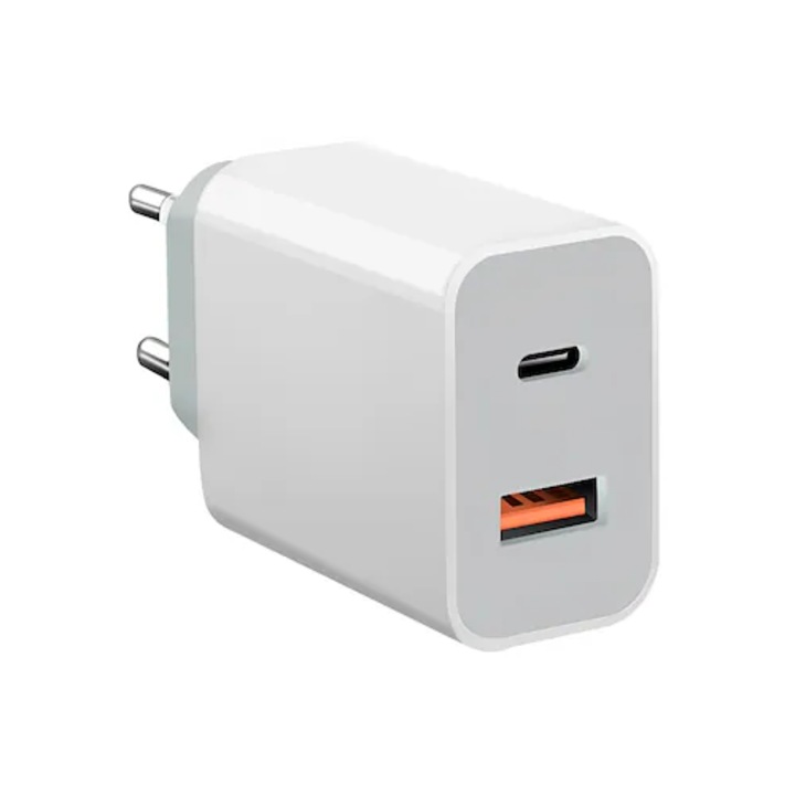 Adaptor de Retea Fast Charging PD 18W, 2 Porturi USB-C PD si USB-A, Alb lucios, Ideal pentru Dispozitive Multiple, ABYZ™