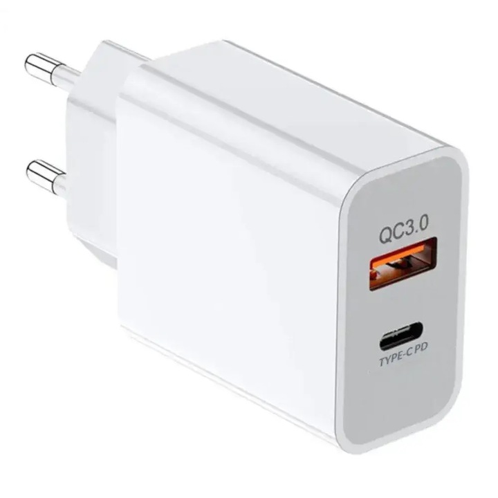 Incarcator de Retea PD 18W, Dual Port USB-C si USB-A, Quick Charge, Culoare Alb-Gri Mat Elegant, ABYZ™