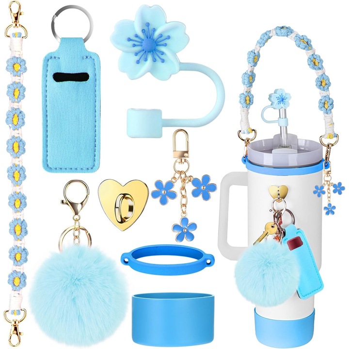 Комплект аксесоари за чаша за вода, за Stanley, пълна защита, ключодържател, капак със сламка, OUYLAF, син