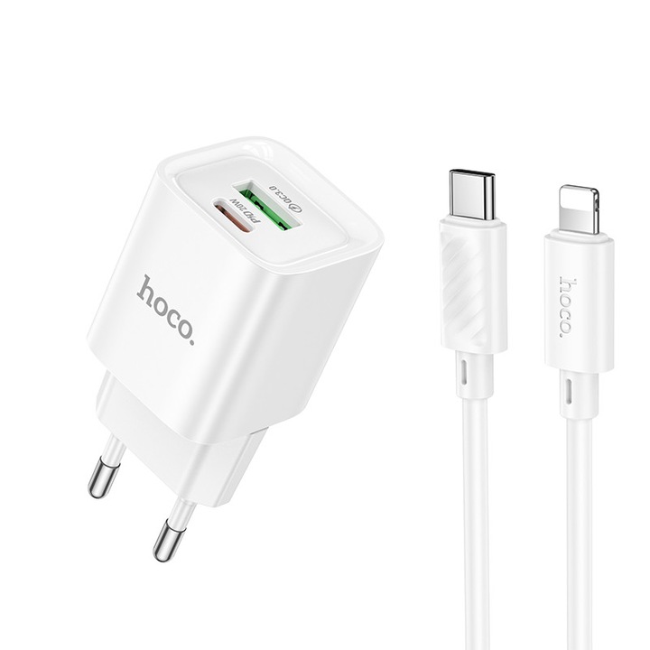 Incarcator retea Hoco DaDen C147A Cablu Lightning inclus, 1m, 1xUSB-C, 1xUSB-A, Incarcare rapida, Power Delivery 20W, Alb