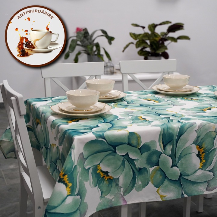 Szennyeződésmentes terítő 100% pamut Átmérő 140 cm, Fehér Zöld Virágos