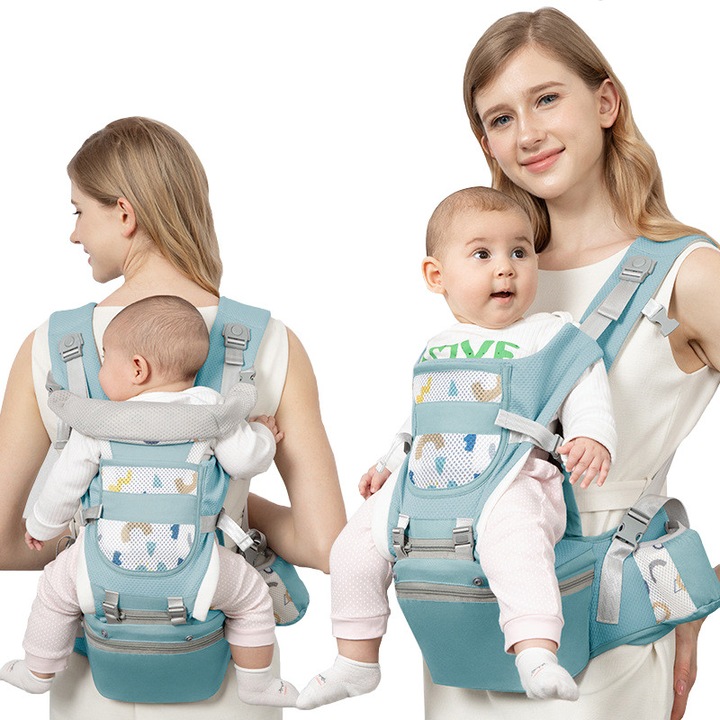 Marsupiu cu suport pentru talie, Fudisenn, 15 pozitii de transport, ergonomic, multifunctional, purtat pe spate sau in fata, potrivit 0-48 luni, bretele reglabile, greutate maxima 25KG, scaun antiderapant, protectie cap, geanta de depozitare, turcoaz