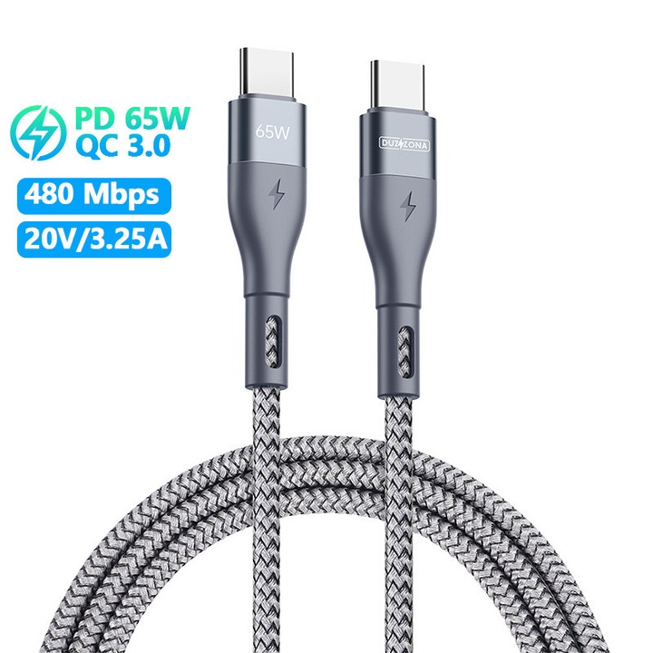 Cablu Date si Incarcare Rapida 65W, FastCharge 3.25A, Pentru Iphone 15 & 16 & Samsung, Incarcare Rapida si Sigura, TEXTIL PREMIUM, USB-C la USB-C, Type C, Gri, 2 metri