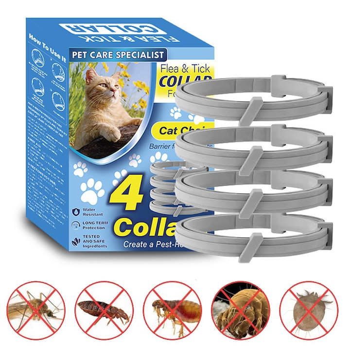 Zgarda antiparazitara pentru pisici Fudisenn®, set de 4, protectie 8 luni, dimensiune reglabila, 38x1cm, gri