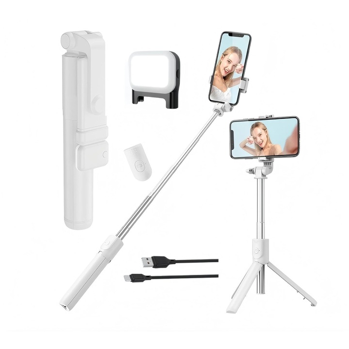Stick selfie retractabil multifunctional 2 in 1 cu lumina de umplere, control Bluetooth, fotografiere la distanta lunga, Alb