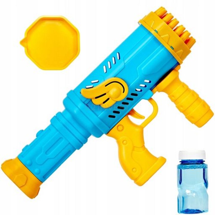 Pistol de facut baloane din sapun, Zola®, cu rezerva de lichid, 32 duze evacuare a bulelor, din plastic, 27.5 x 14.5 x 6.5 cm, albastru cu galben