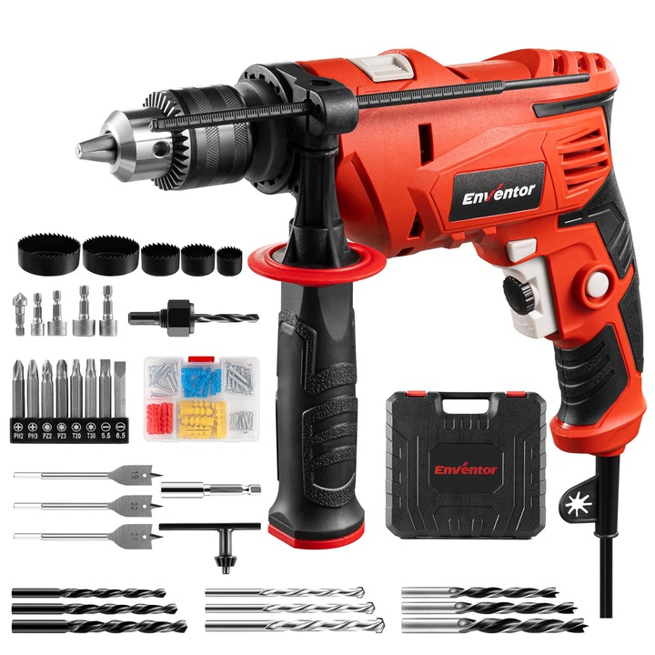 Masina De Gaurit Cu Impact Enventor 900 W, Masina De Gaurit Electric Cu 36 De Accesorii, Functie 2 In 1, 0–3000 Rpm, Maner Auxiliar 360°, Mandrina De Gaurit De 13 Mm, Pentru Beton, Metal Si Lemn