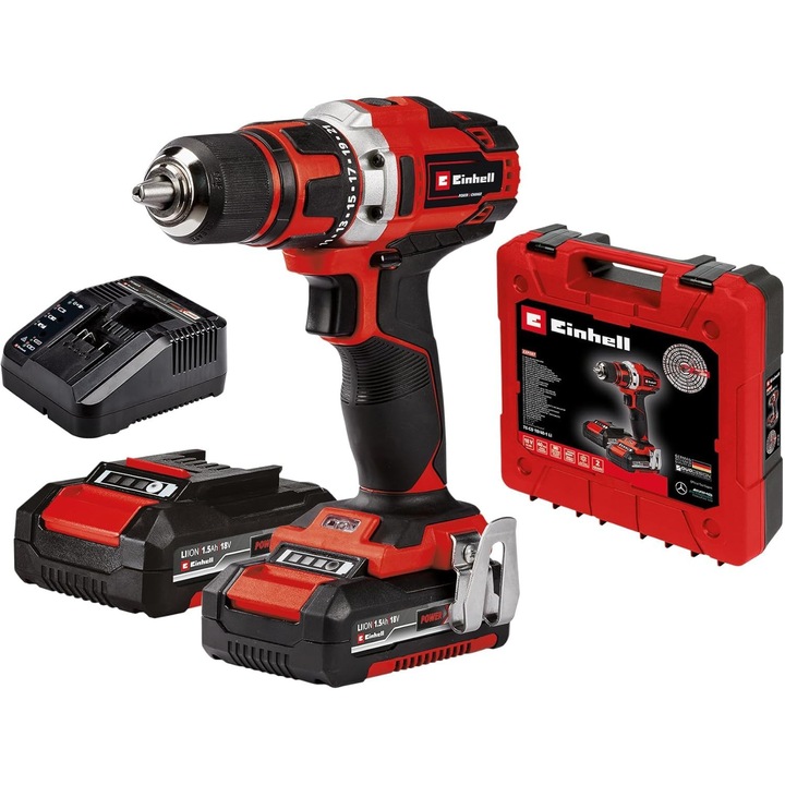 Einhell akkus fúró Te-Cd 18/40 Li (2X1,5 Ah) X-Change teljesítmény (lítium-ion, 40 Nm, 2 sebességes sebességváltó, sebességszabályzó, LED, 2 x 1,5 Ah Pxc akkumulátorral és töltővel)