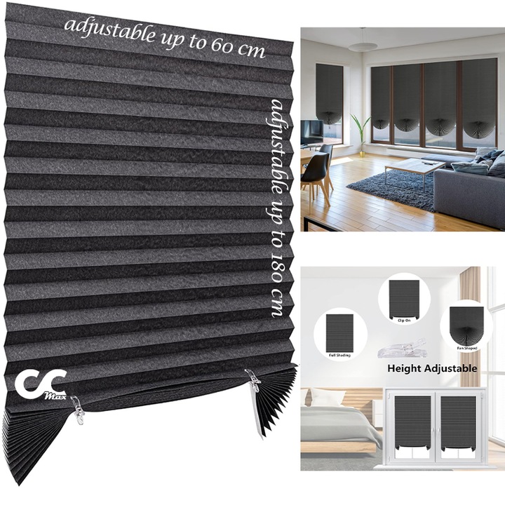 Jaluzea Blackout 600 x 1800 mm CCmax, Tip Evantai, PVC Textil Gri, Spate Reflectorizant, Sistem Autoadeziv cu Clipsuri, Dimensiune Reglabila