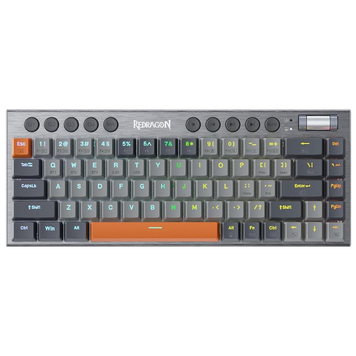 Tastatura gaming mecanica Bluetooth cu fir si wireless Redragon Horus SE, iluminare RGB, sasiu din aluminiu, switch-uri rosii, conector USB Type-C la 90°, Gri