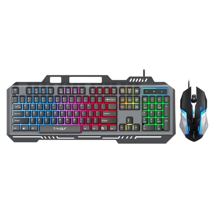 T-WOLF TF600 комплект клавиатура и мишка за игри, RGB, USB, 4 DPI скорости на регулиране, водоустойчива и износоустойчива, ергономична, ниска латентност, Plug and Play, черна, модерен дизайн и максимален комфорт