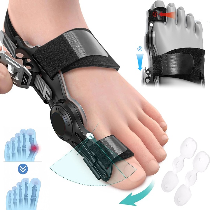 Corector de monturi, cu Clapeta Metalica Corectare/Repozitionare Deget, Eliminarea Inflamatiilor si durerii, Hallux Valgus, Amortizare moale, Ajustabil si Accesorii, pentru femei si barbati, Negru