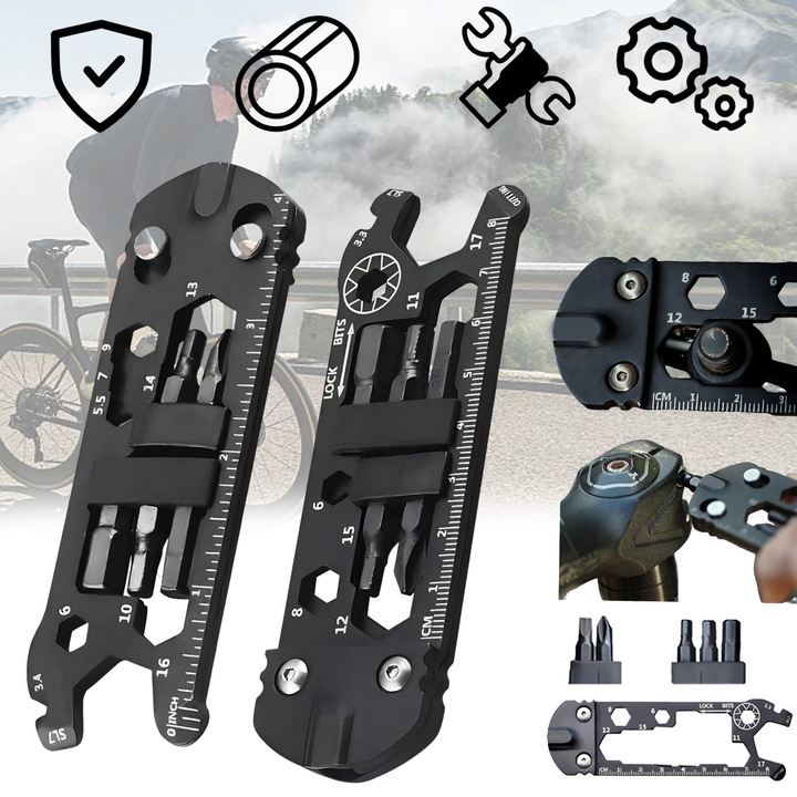 Multitool pentru bicicletă, Puepoul, 16 funcții, otel inoxidabil, negru, 115x40x10mm