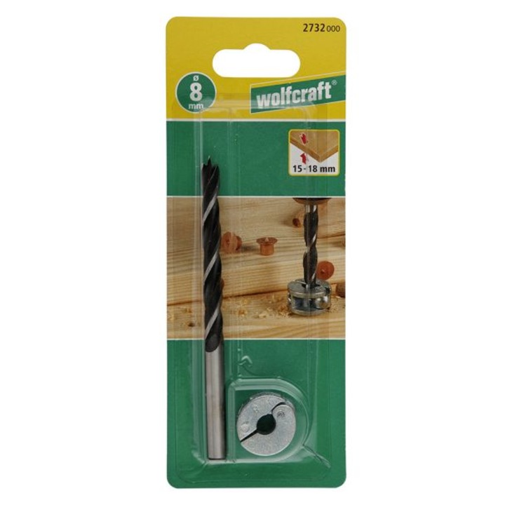 Burghiu 8 mm, cu opritor si varf de centrare, pentru lemn si placaje Wolfcraft 2732000, crom vanadiu, cu opritor de profunzime