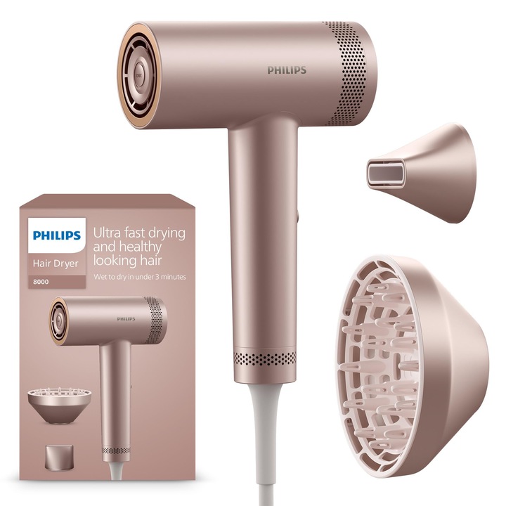 Високоскоростен сешоар Philips Series 8000, Thermoshield Advanced, Ionic, стилизираща дюза и дифузьор, грижа за скалпа, 1400 W, розово шампанско, модел Bhd837/10