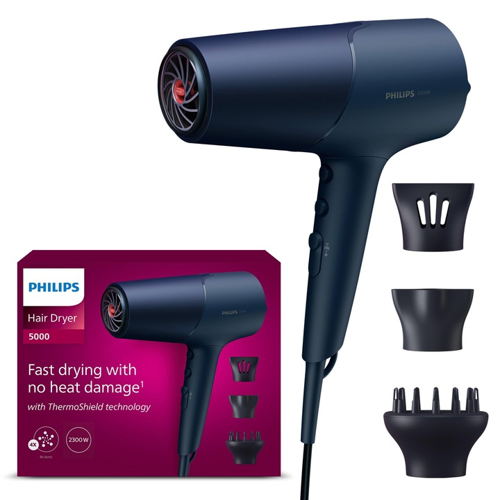 Сешоар Philips Series 5000, технология Thermoshield, йонизираща функция, 2300 W, метално синьо, с накрайник за оформяне 9 mm и 11 mm, дифузер за обем, Bhd510/20