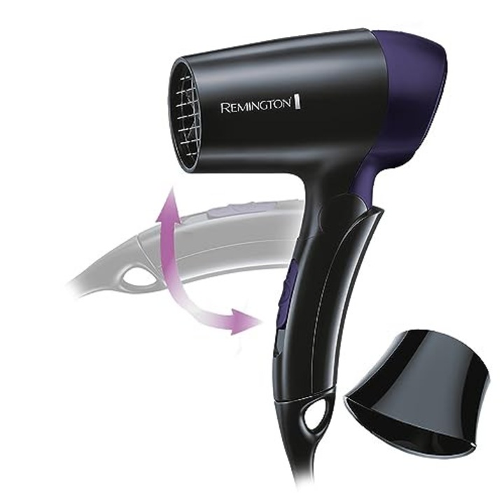Сешоар Remington [Изключително малък и сгъваем] в движение (1400 W, световно регулиране на напрежението 120/220-240 V, стилизираща дюза, 2 комбинирани настройки за топлина и издухване) Сешоар за пътуване D2400