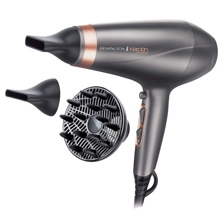 Remington Professional Ionic Keratin Protect сешоар (2200 W, 150 Km/H, 3 стилизиращи аксесоара, обогатен с кератин и бадемово масло, йонна грижа - против къдрене, дълготраен AC мотор) Ac8820