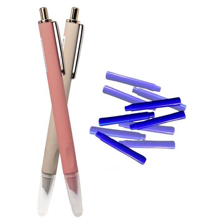 Set stilouri metalice cu cerneala termosensibila si mecanism + Rezerve, Roz/Bej