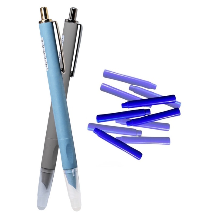 Set stilouri metalice cu cerneala termosensibila si mecanism + Rezerve, Albastru/Gri