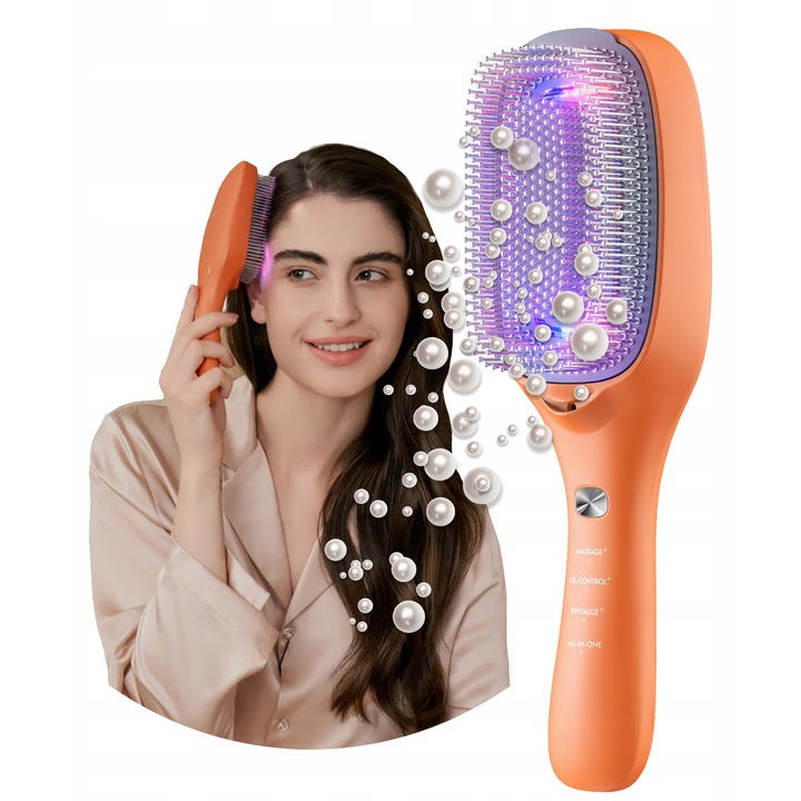 Hajkefe töltőkábellel, felhasználói kézikönyv és védőtáska, Touchbeauty, Vita, többfunkciós készülék, LED fény- és lézerterápia, hangmasszázs, 10,5 cm X 10 cm, narancs, 1 db