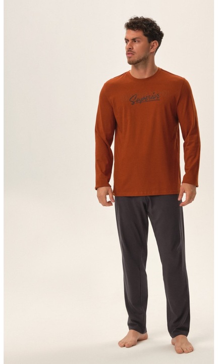 Pijama barbati Henderson Jupiter, bumbac, portocaliu si albastru, maneca lunga, set bluza si pantaloni